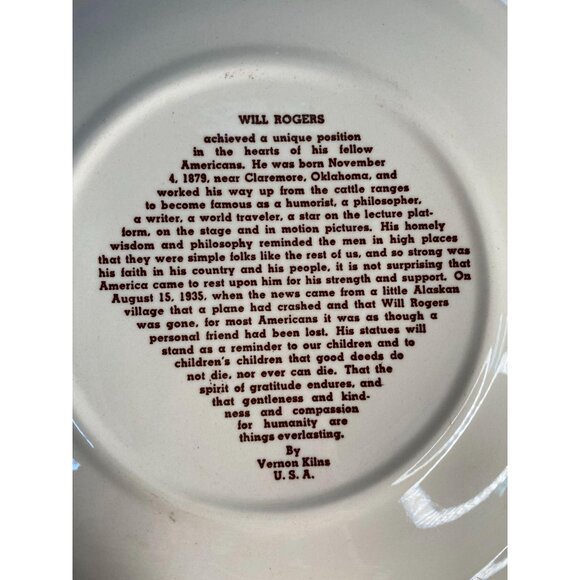 Will Rogers Commemorative Collectors Plate By Vernon Kilns 10" Ceramic - Picture 4 of 16